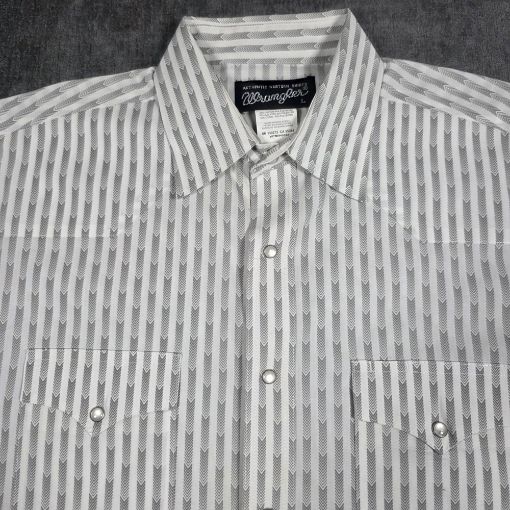 Wrangler Western Shirt Mens Large White Gray Pearl Snap Chevron Stripe Rodeo L